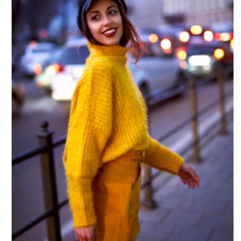 Mustard Yellow Sweater Chunky Cropped Fuzzy Eyelash Fluffy Mock Turtleneck